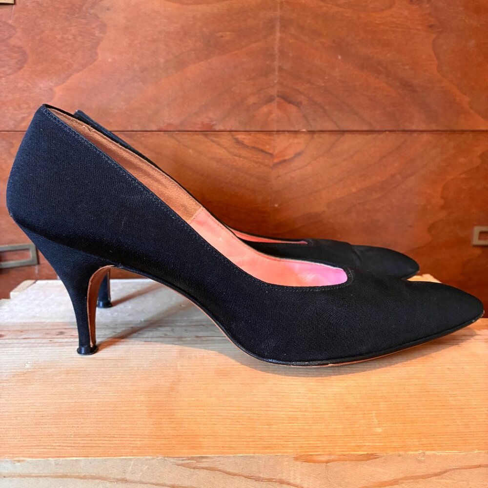 Vintage Pinup Women's 6.5 Black Cocktail Party Heels 1960s Boudoir Heels Retro - Picture 3 of 15